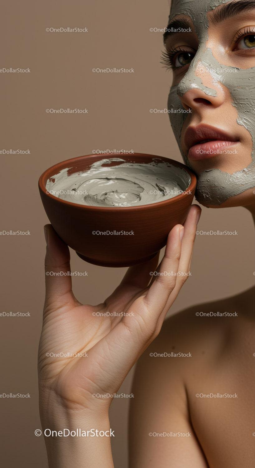 Woman Applying Facial Clay Mask for Skin Rejuvenation