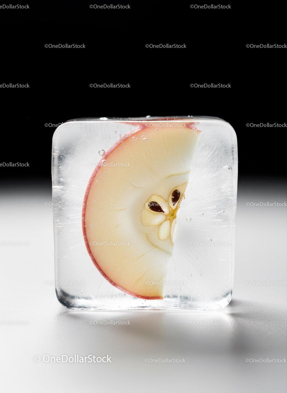 Fresh apple slice trapped inside a clear ice cube