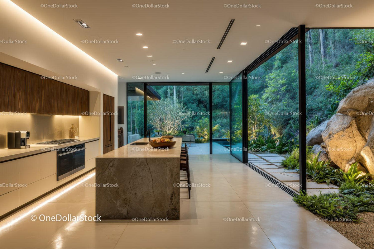 Modern Kitchen with Indoor Garden and Floor-to-Ceiling Windows