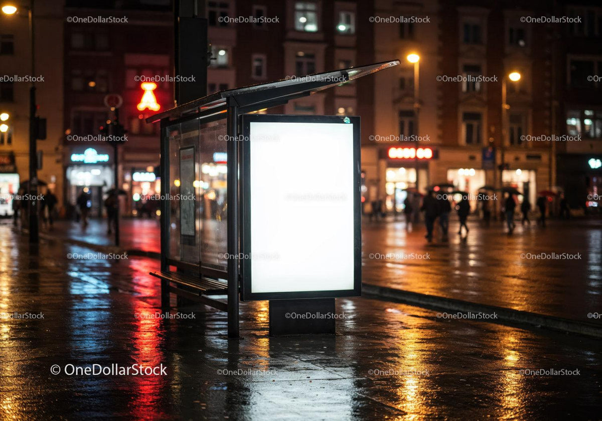 Empty Bus Stop Shelter at Night with Reflections in Wet Pavement JPG Mockup Image preview
