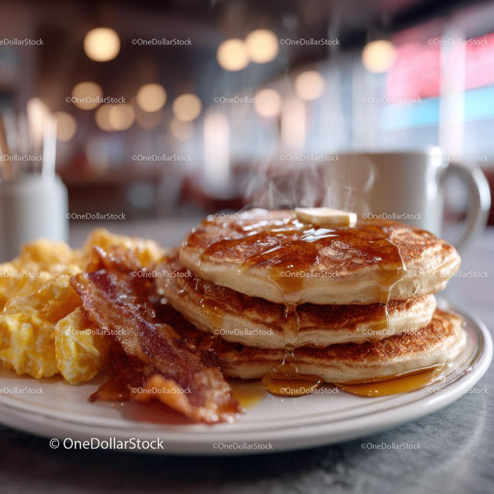 Stack of Fluffy Pancakes with Maple Syrup Bacon and Eggs