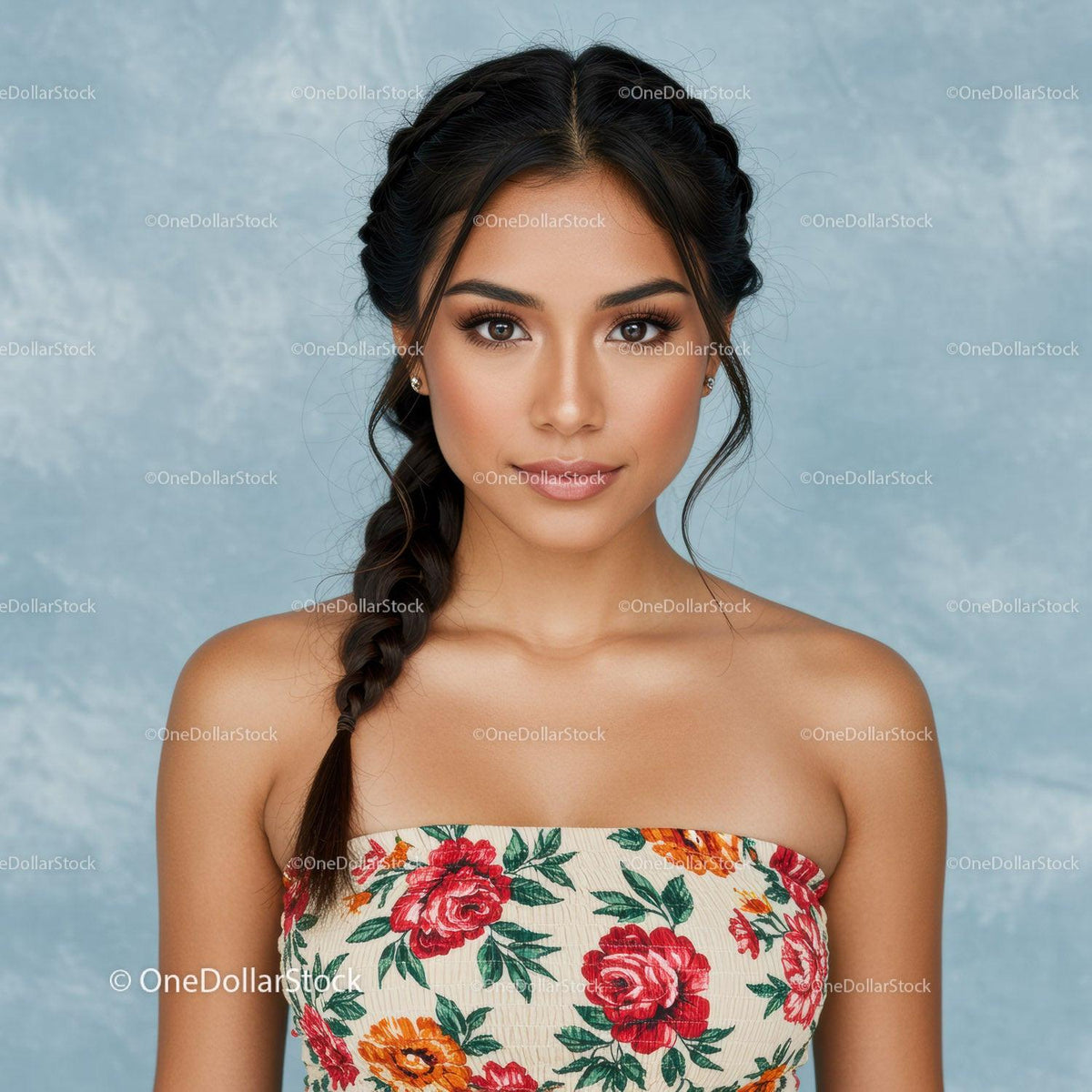 Portrait of a Young Woman in Floral Dress with Braided Hair