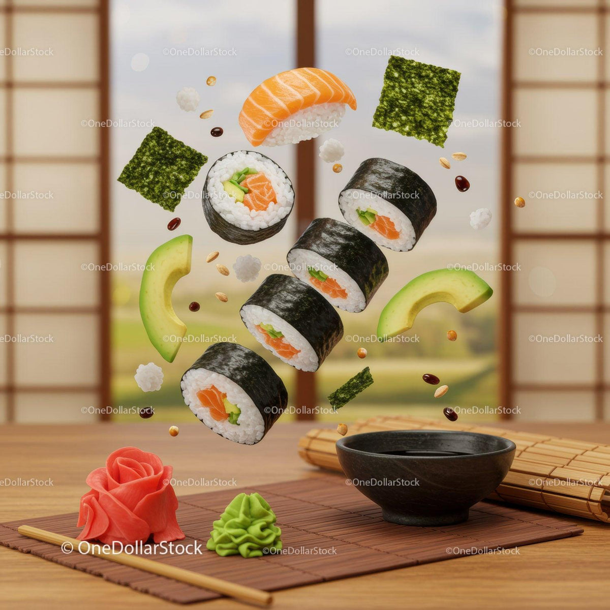 Floating sushi rolls with fresh ingredients and dipping sauce