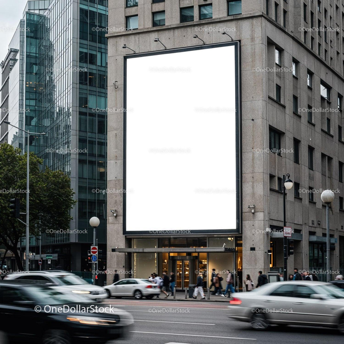 Busy city street with large blank billboard on building JPG Mockup Image preview