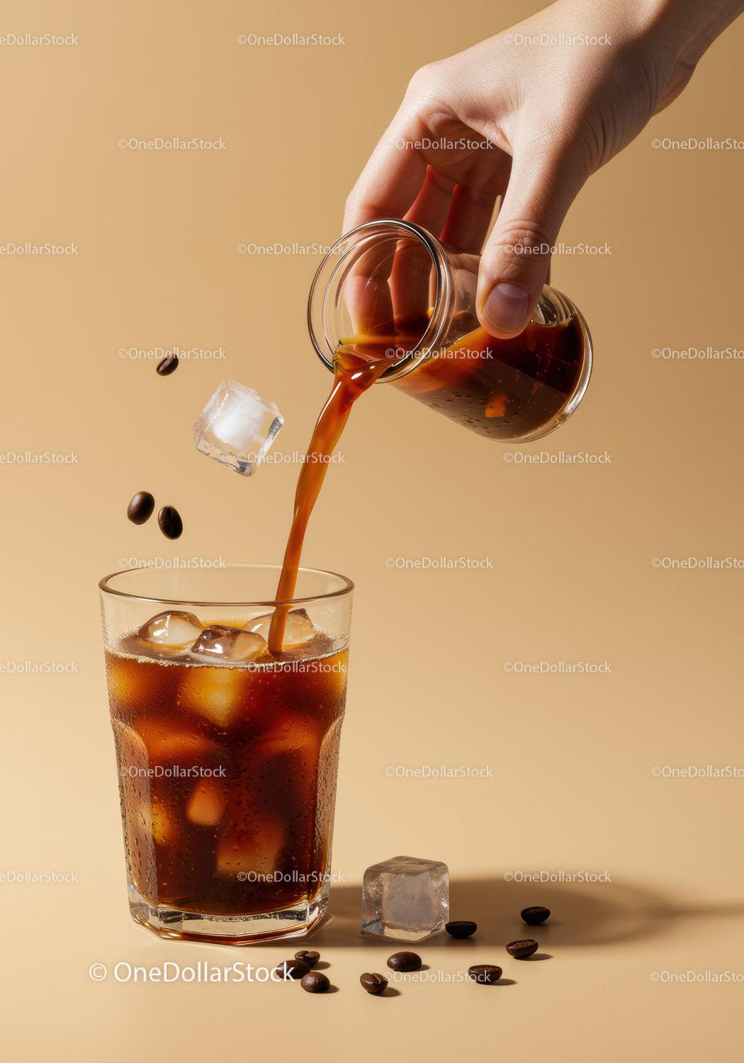 Freshly Poured Cold Brew Coffee Over Ice Cubes