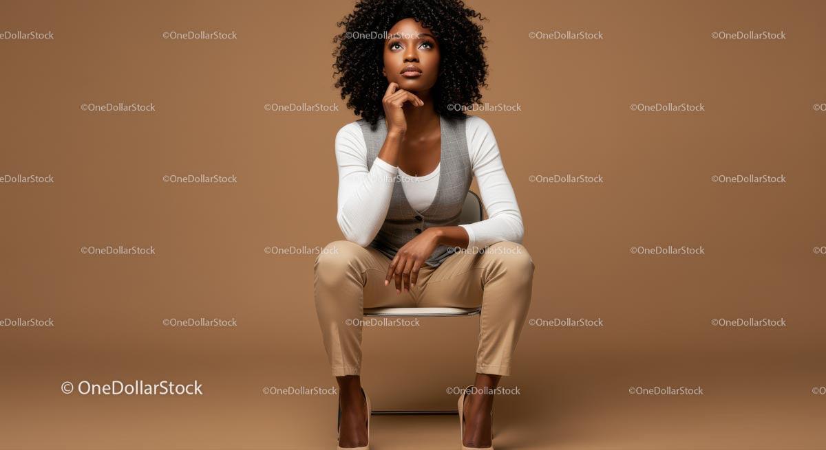 Thoughtful Woman Seated in Elegant Attire Against Brown Background Stock Photo Bundle preview 44