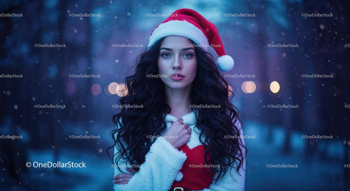 Woman in Santa Hat with Curly Hair in Winter Night