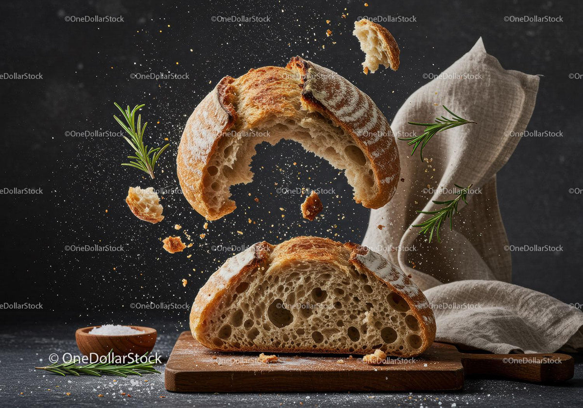 Rustic sourdough bread split with flying crumbs and herbs