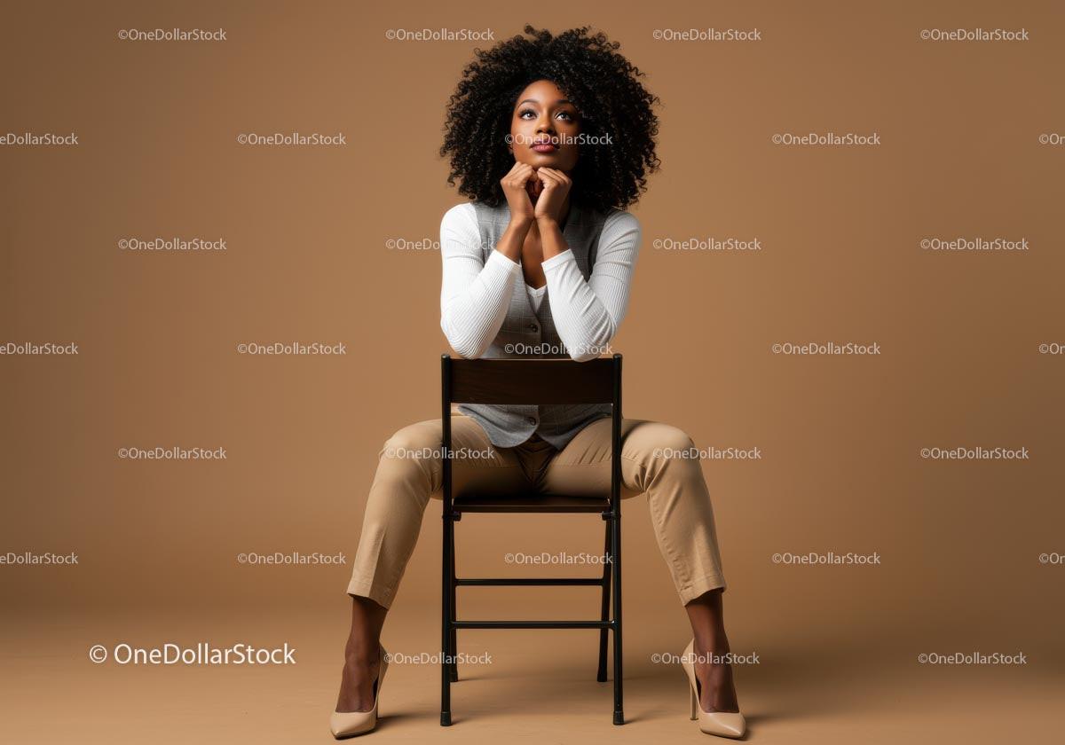 Thoughtful Woman Seated in Elegant Attire Against Brown Background Stock Photo Bundle preview 6