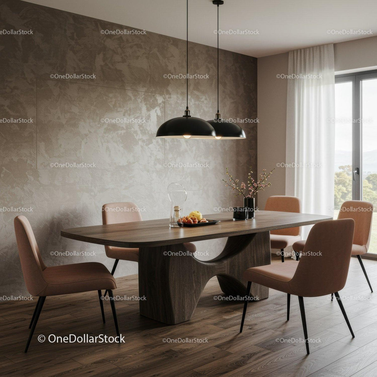 Modern Dining Room with Blush Pink Chairs and Pendant Lighting