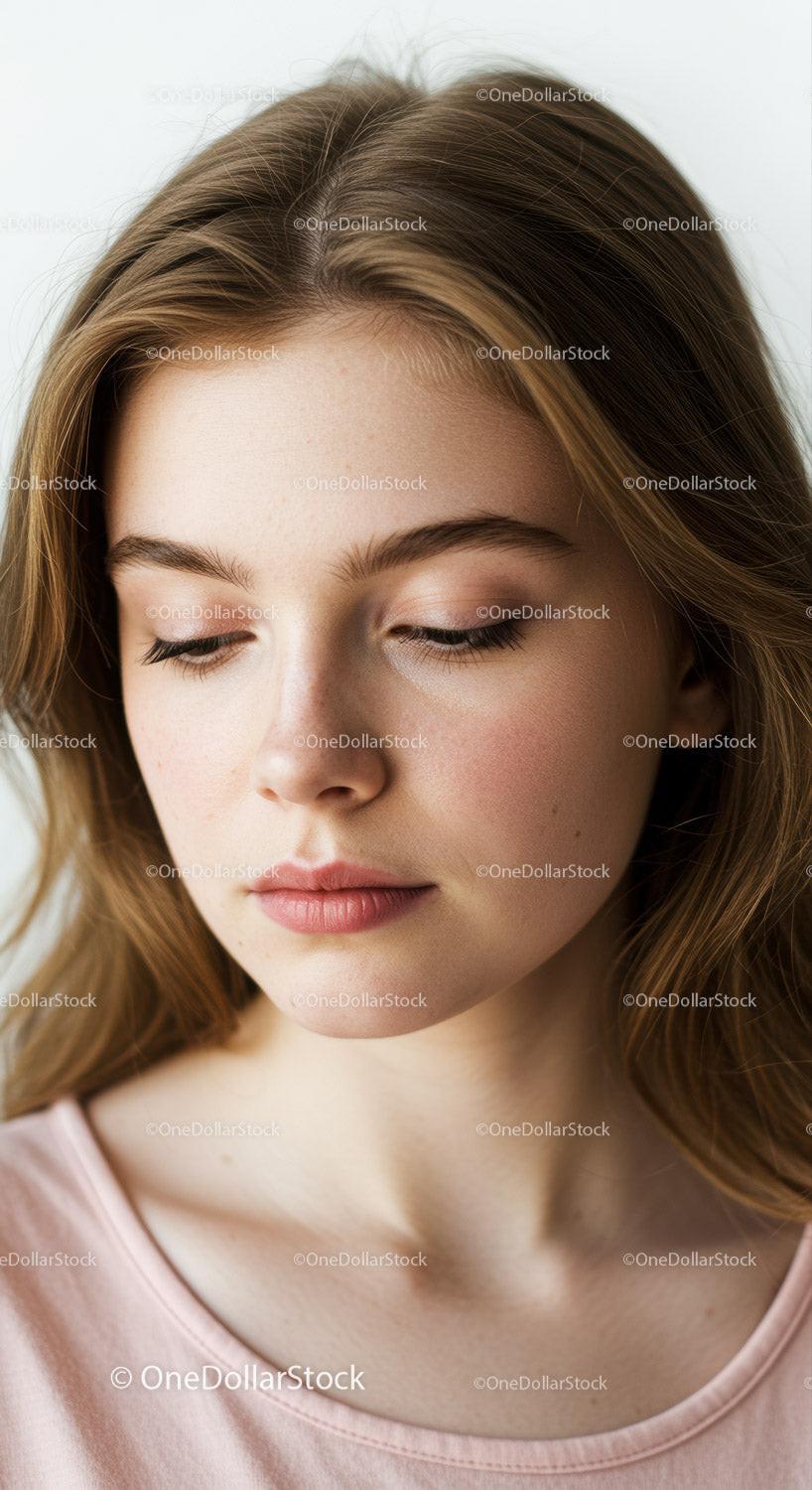 Close-up Portrait of Serene Young Woman with Wavy Brown Hair