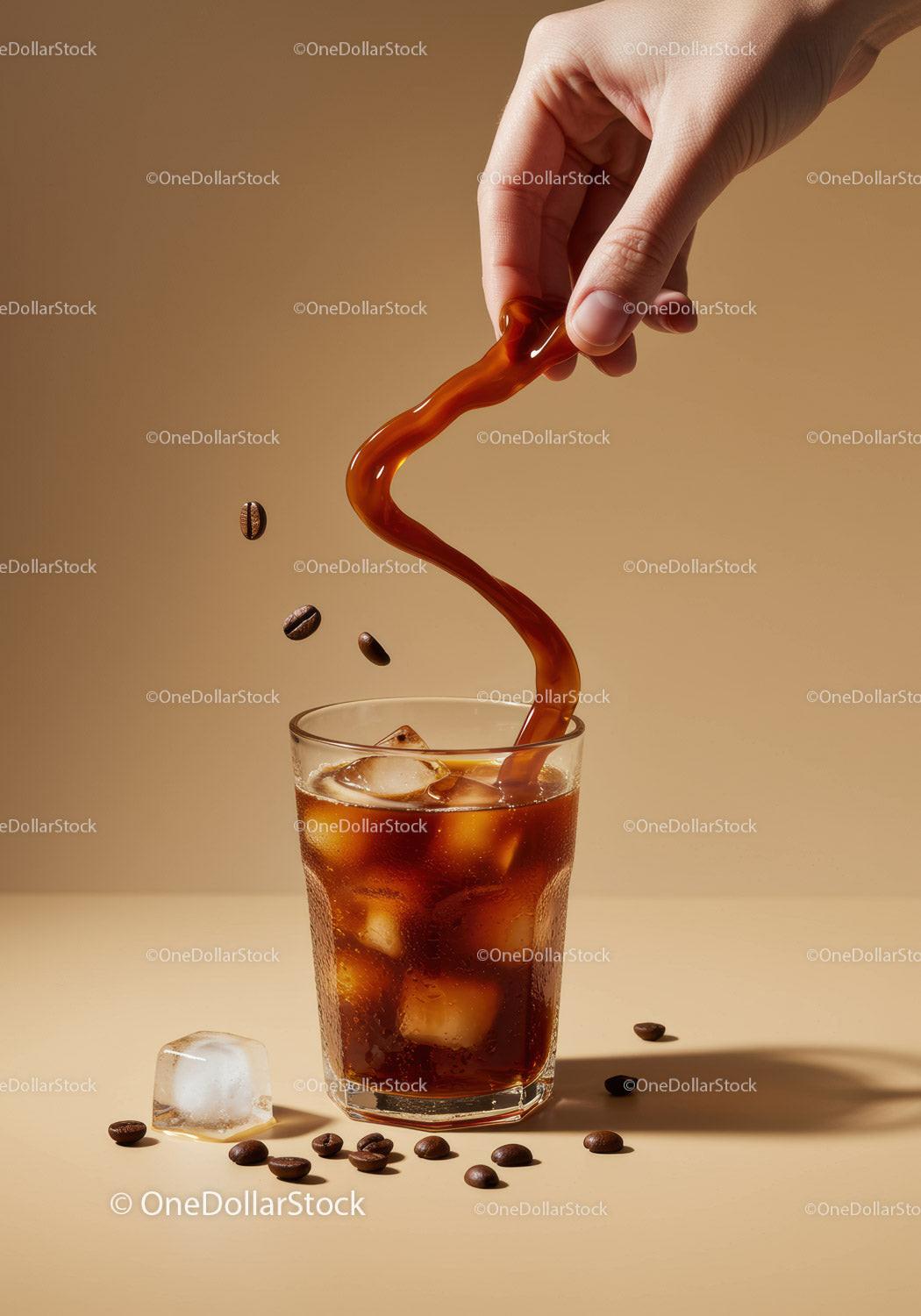 Hand Pouring Iced Coffee with Coffee Beans and Ice Cubes