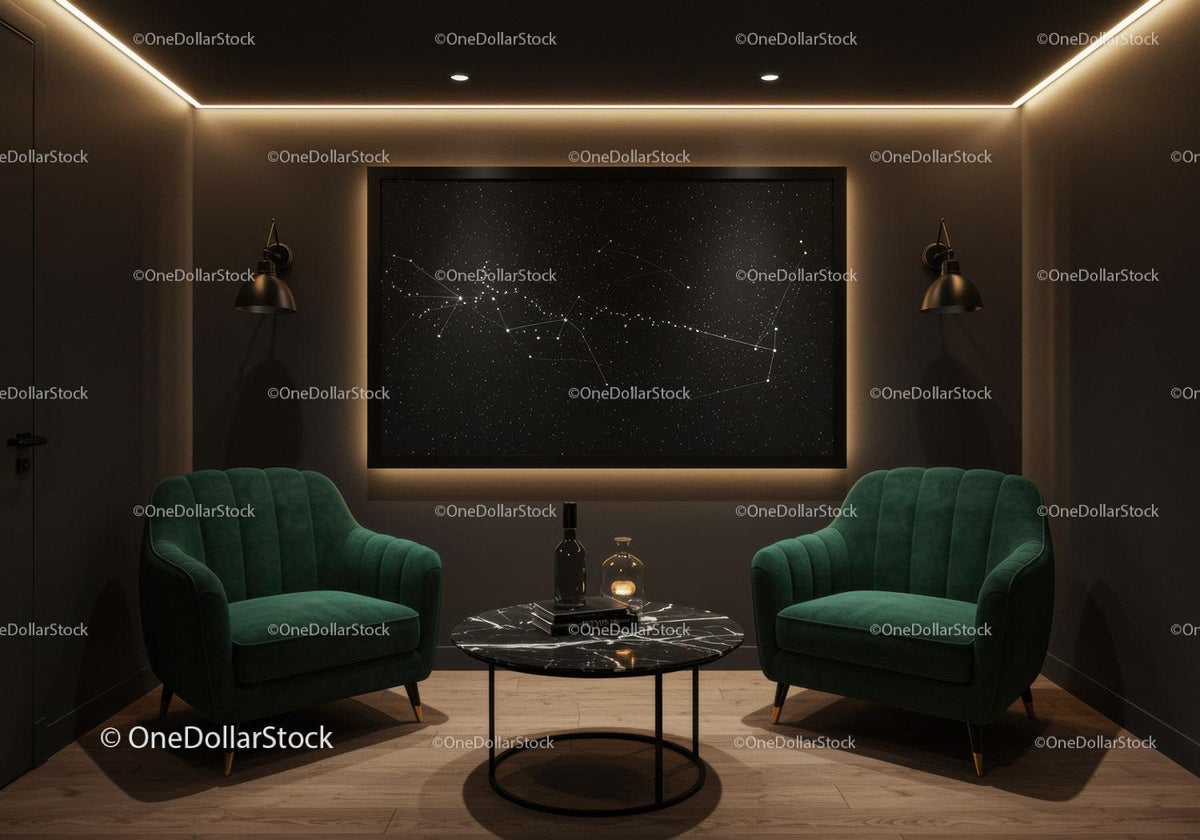 Cozy modern lounge with constellation wall art