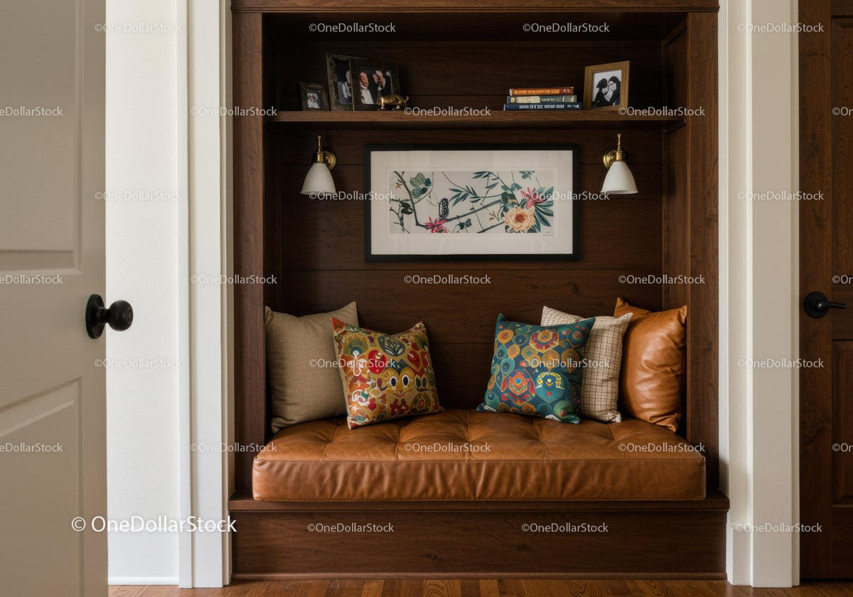 Cozy Built-In Nook with Leather Cushion and Vibrant Pillows in Modern Home