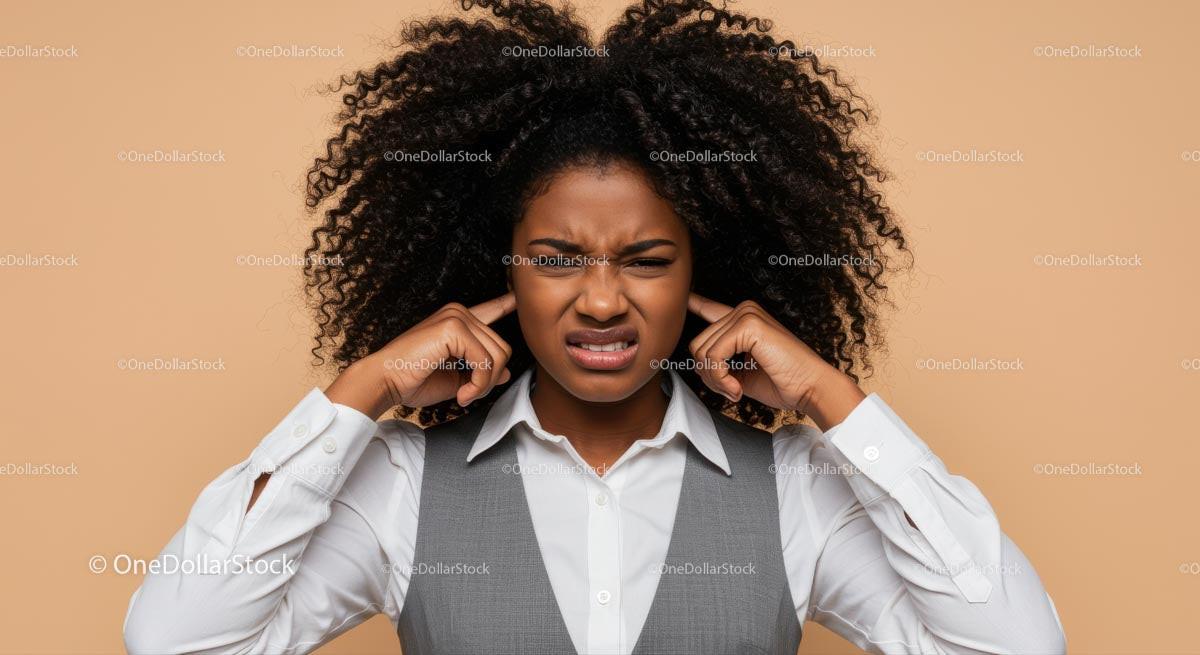 Confused Woman Covering Ears Showing Noise Overload and Discomfort