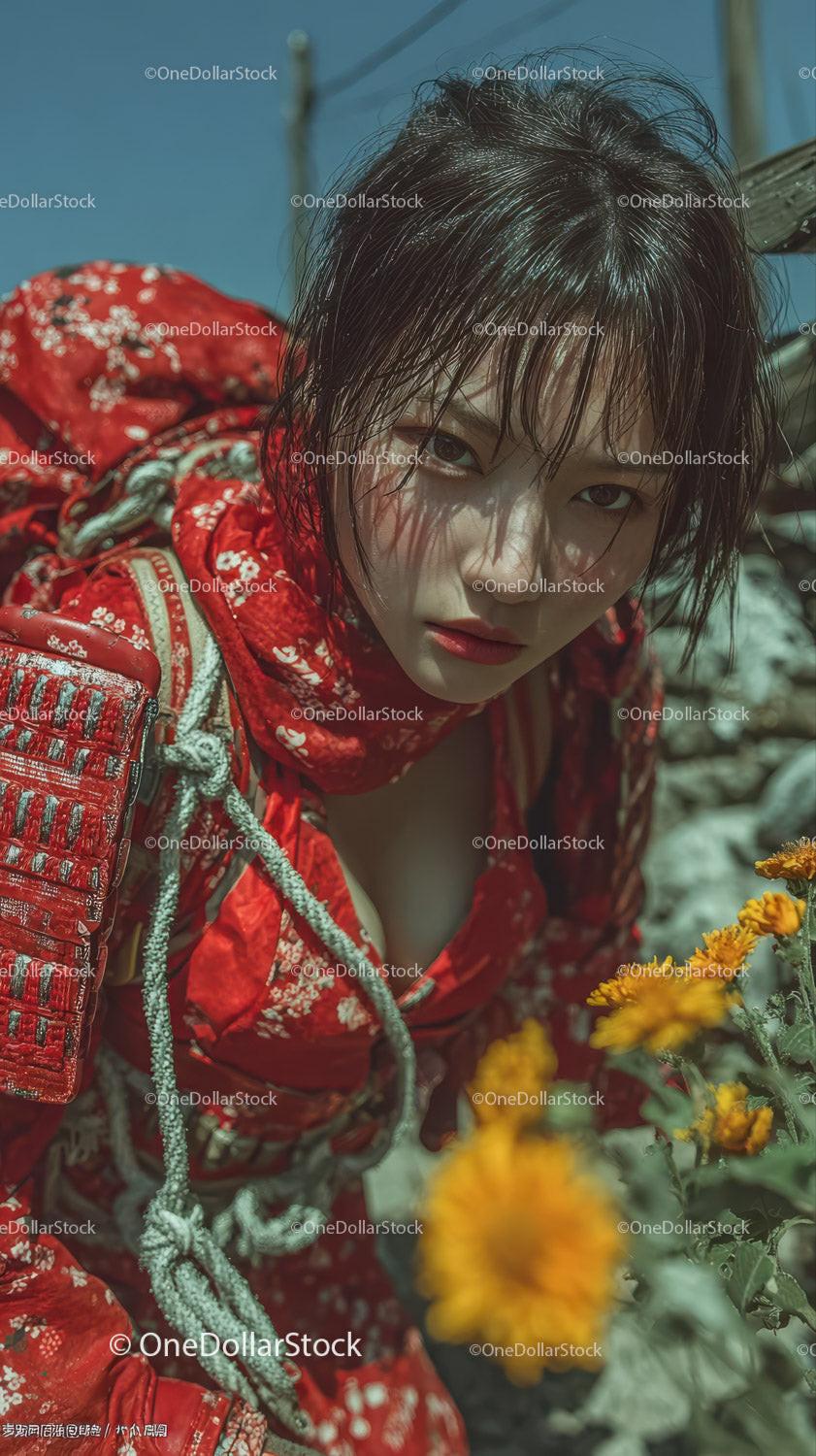 Woman in Traditional Red Kimono in Flower Field with Wet Hair