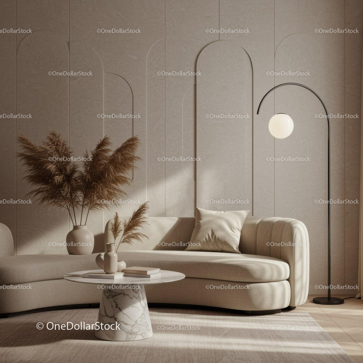 Modern living room with curved sofa and soft lighting