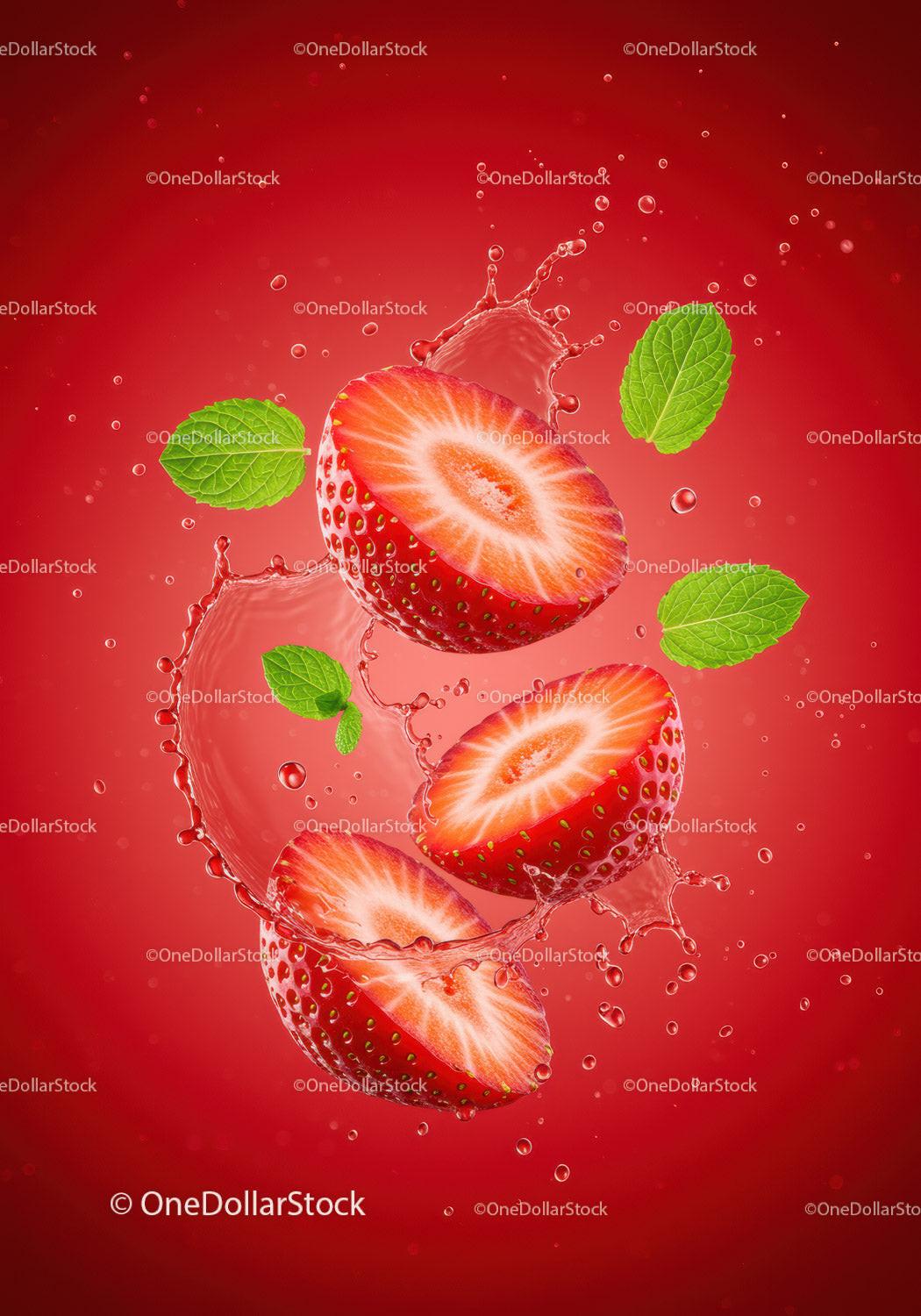 Fresh strawberry slices with mint splash on red background