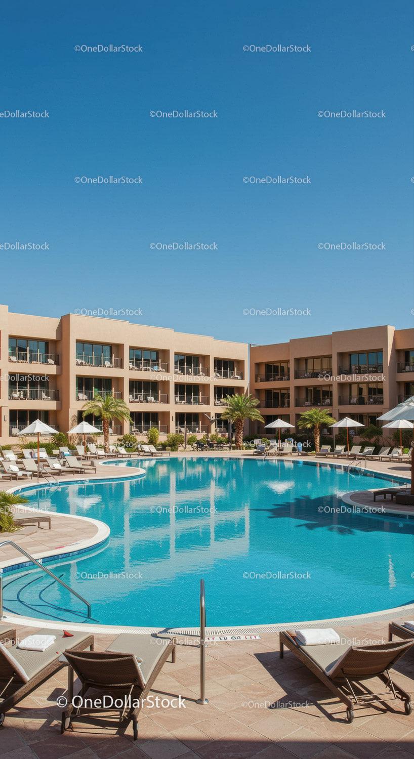 Luxury Hotel Pool Area with Sun Loungers and Palm Trees in Bright Sun