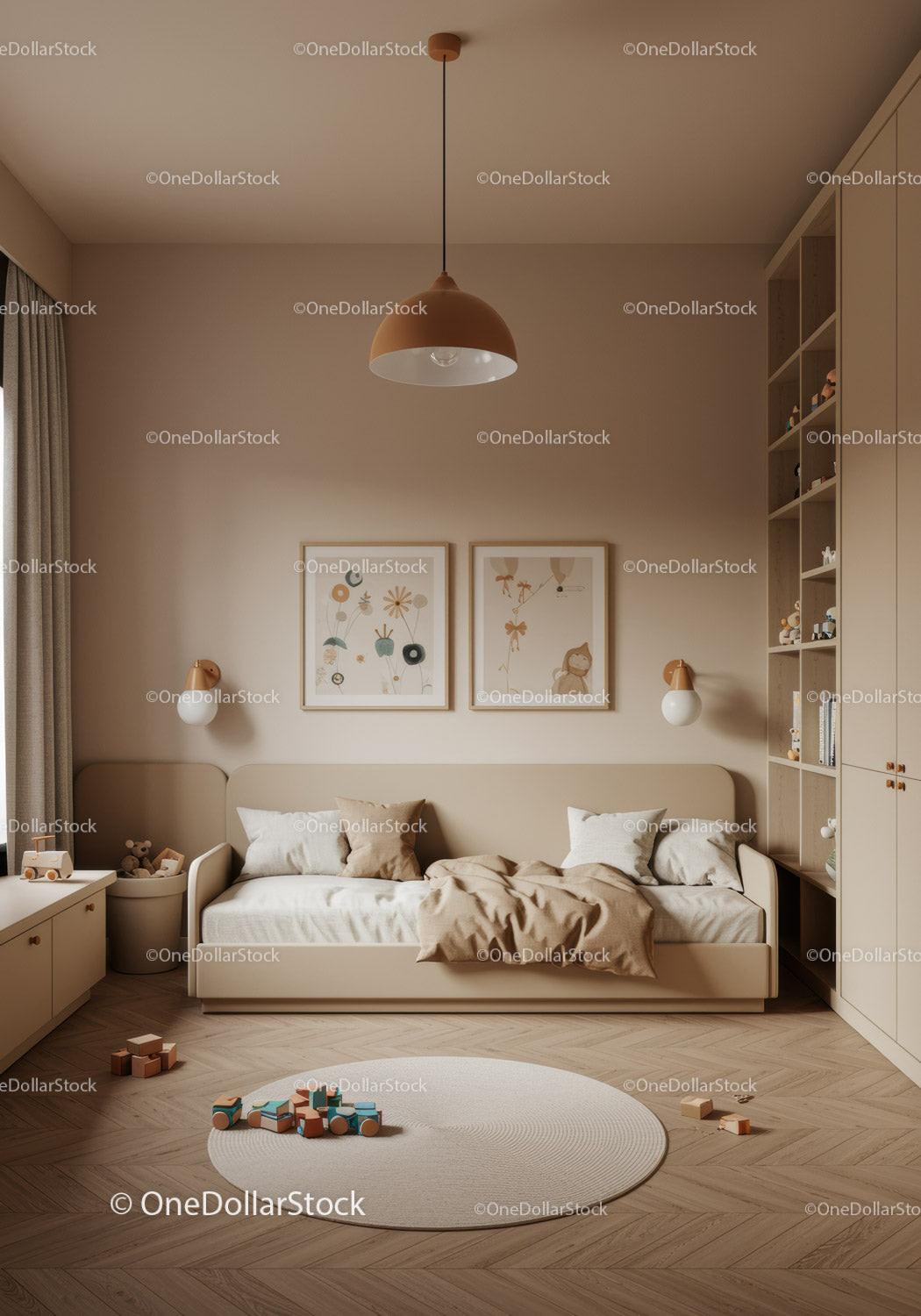 Contemporary Children's Bedroom with Beige and White Decor and Toys