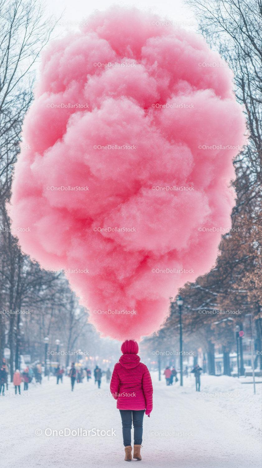 Person in red jacket and pink hat standing with large pink smoke cloud above on snowy path