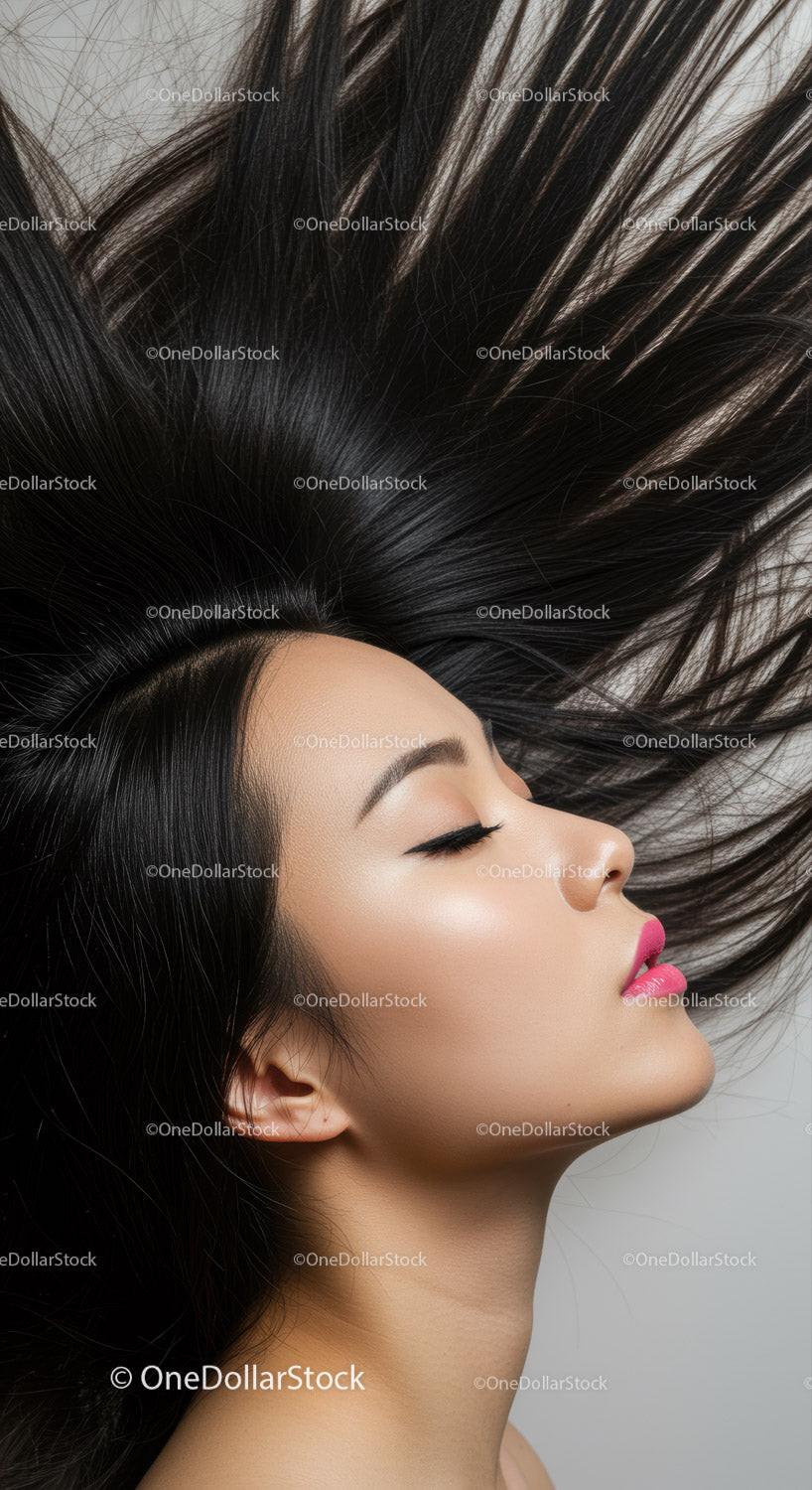 Profile of woman with flowing black hair and vibrant lips