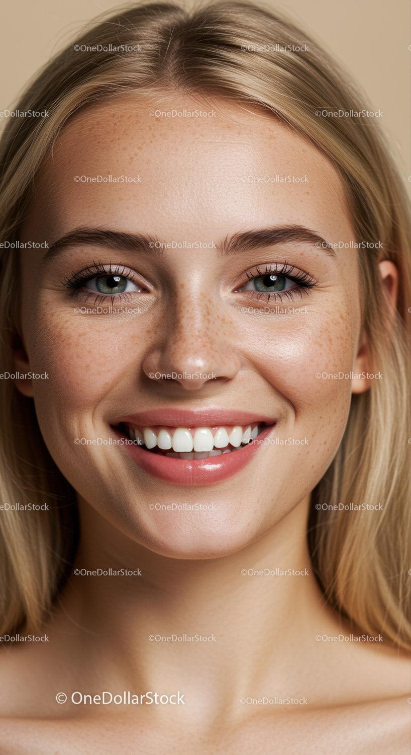 Smiling young woman with natural freckles and healthy skin