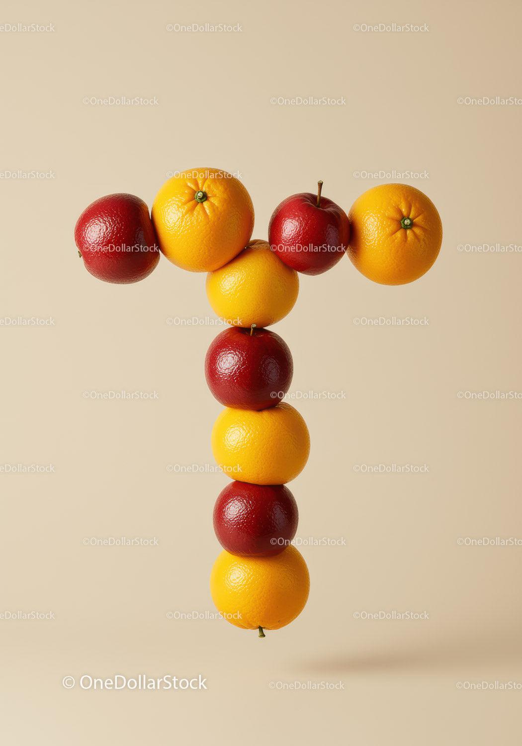 Stacked Oranges and Red Apples Forming a T Shape