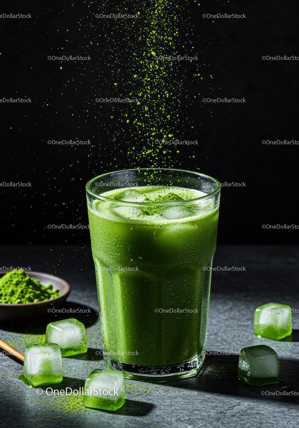Refreshing iced matcha green tea with powder splash