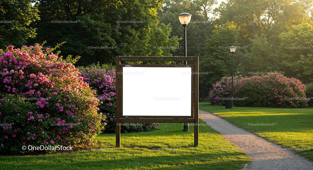 Wooden Information Board in Sunny Park with Flowering Shrubs JPG Mockup Image preview