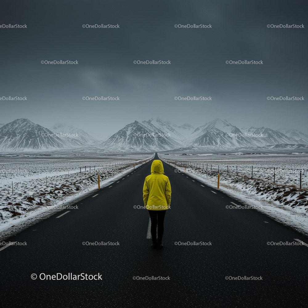 Lonely Traveler in Yellow Jacket on Snow-Covered Road Stock Photo Bundle preview 11