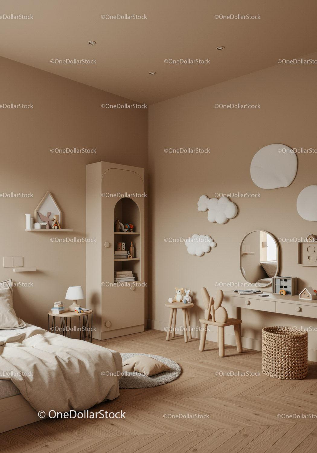 Beautiful Neutral Nursery with Cushioned Cloud Moons and Wooden Furniture