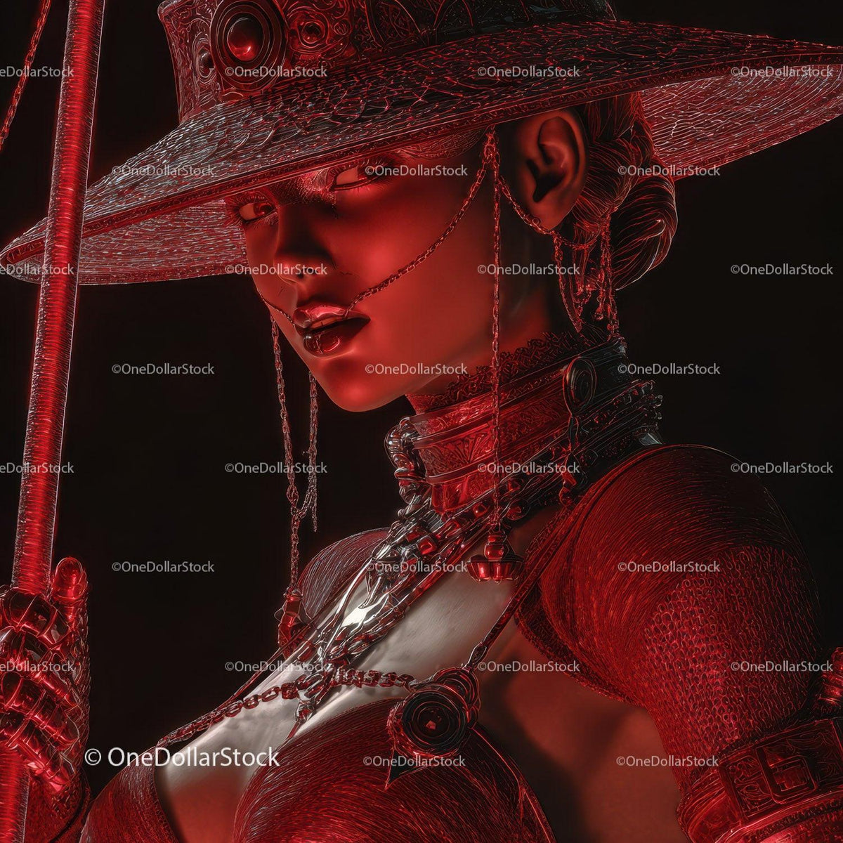Futuristic Samurai in Neon Red Armor Holding Umbrella Stock Photo Bundle preview 39