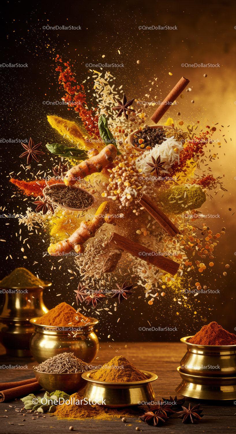 Colorful spices and herbs bursting in midair over brass bowls