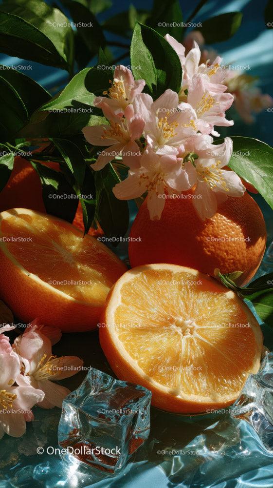 Fresh Orange Slices with Blossoming Flowers and Green Leaves