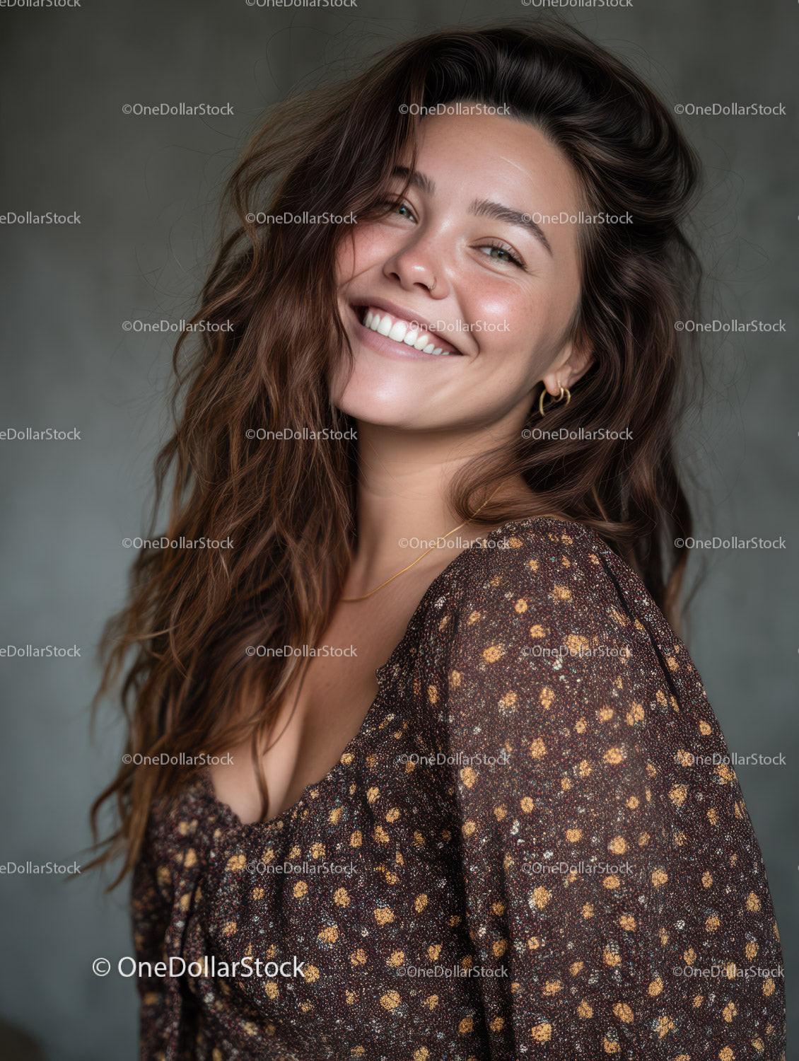 Smiling Young Woman with Wavy Brown Hair Wearing Floral Dress