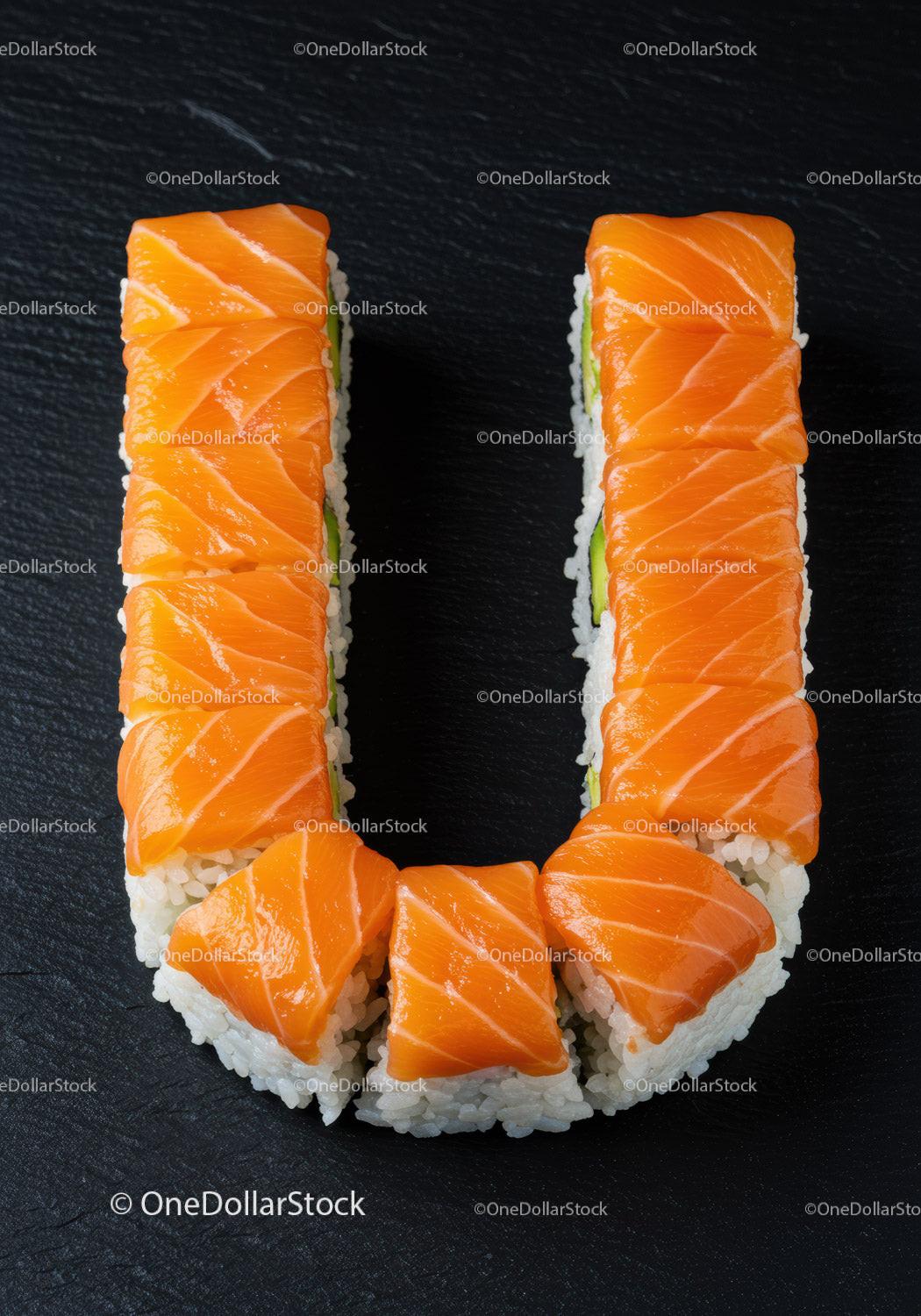 Salmon sushi rolls arranged in a letter U shape