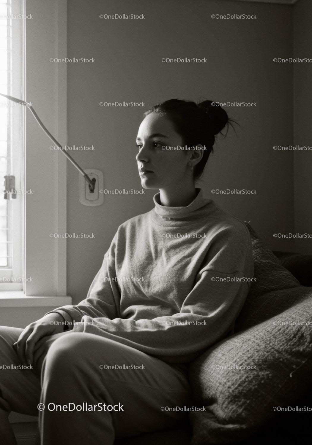 Contemplative Woman Sitting on Couch in Cozy Home Setting