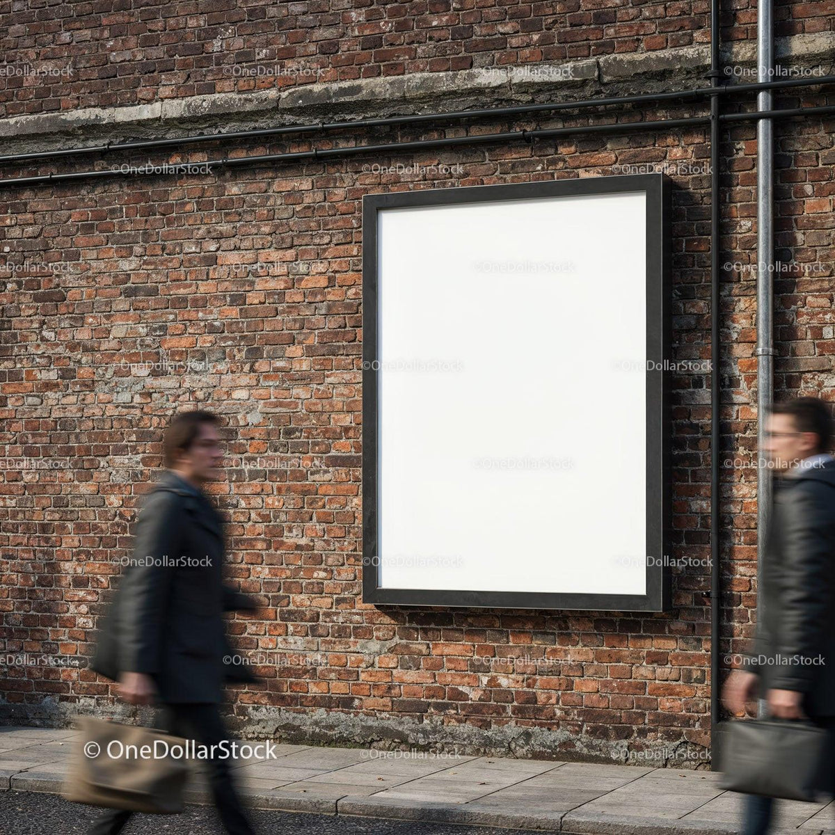 Blank advertising billboard on urban brick wall with busy pedestrians JPG Mockup Image preview