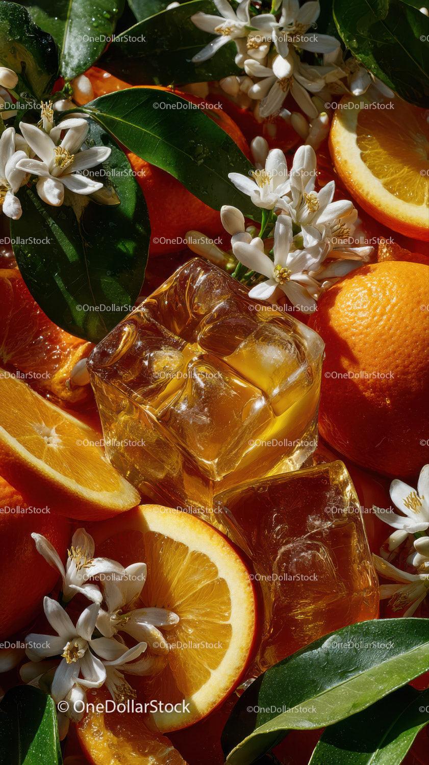 Bright Orange Slices with Ice Cubes and White Flower Blossoms