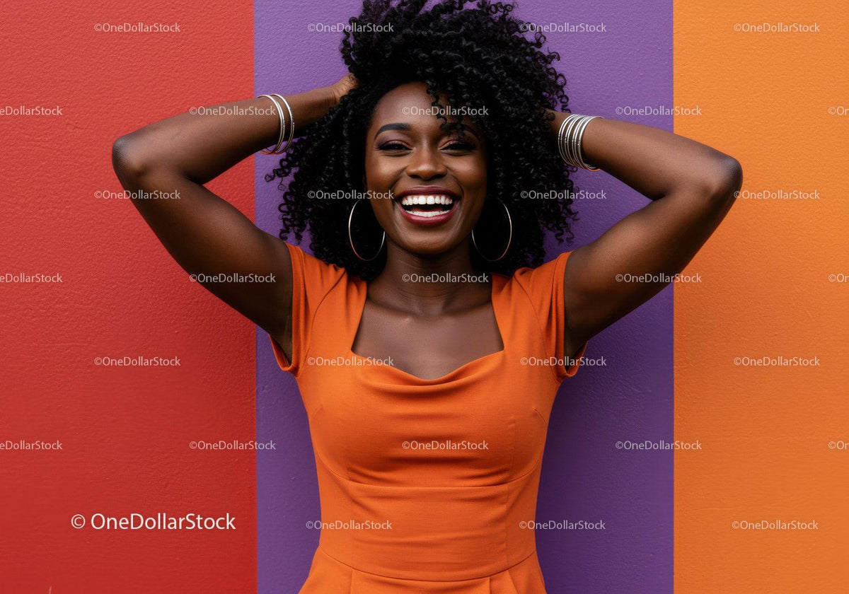 Happy Woman with Curly Hair in Orange Dress Against Colorful Background