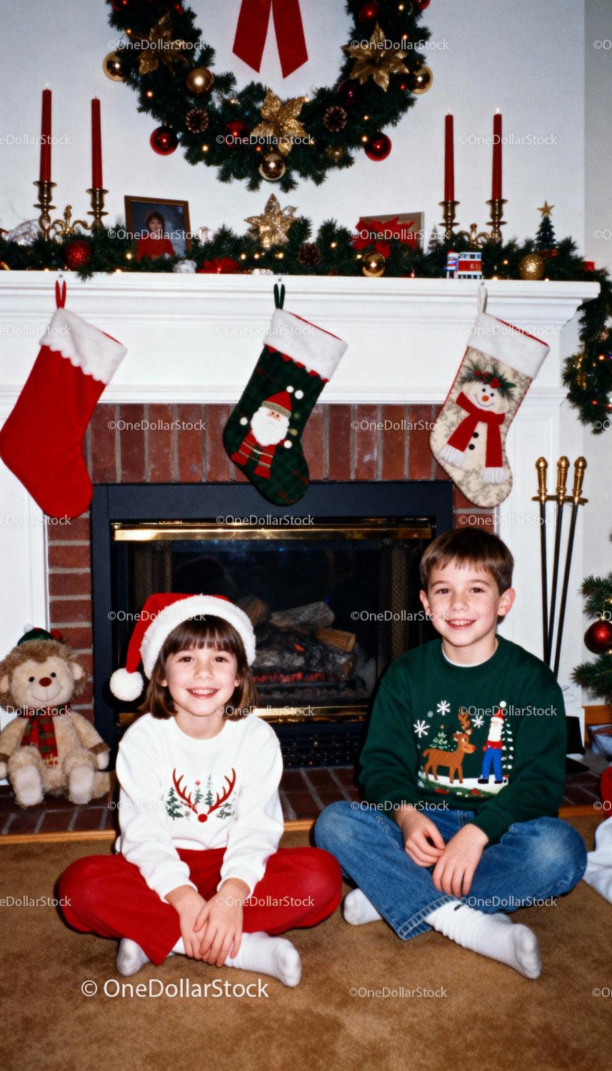 Children Sitting by Cozy Fireplace with Christmas Stockings