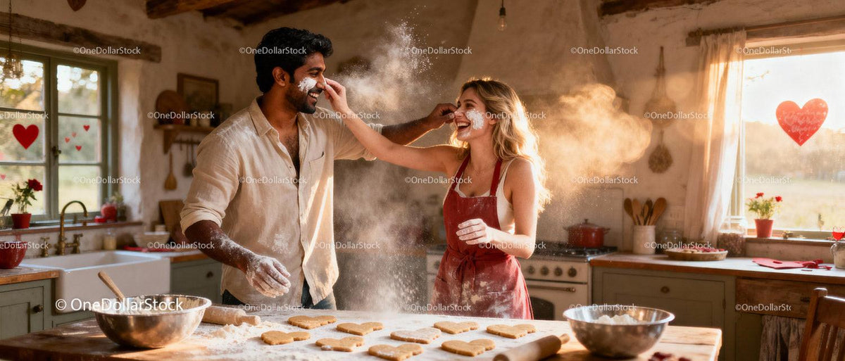 Couple Playfully Baking Heart Shaped Cookies Together