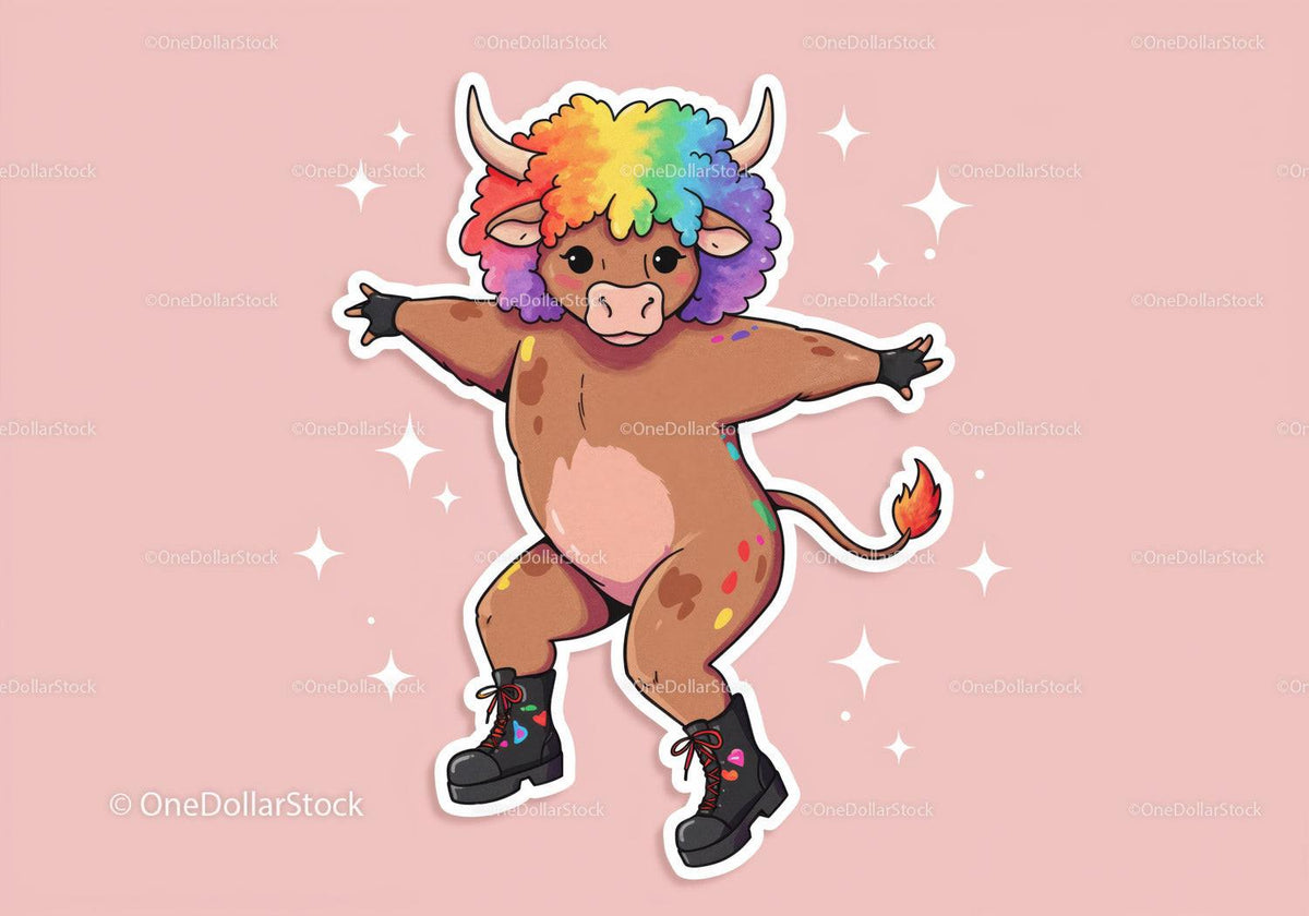Colorful Cartoon Bull with Rainbow Hair in Funky Streetwear Stock Photo Bundle preview 34