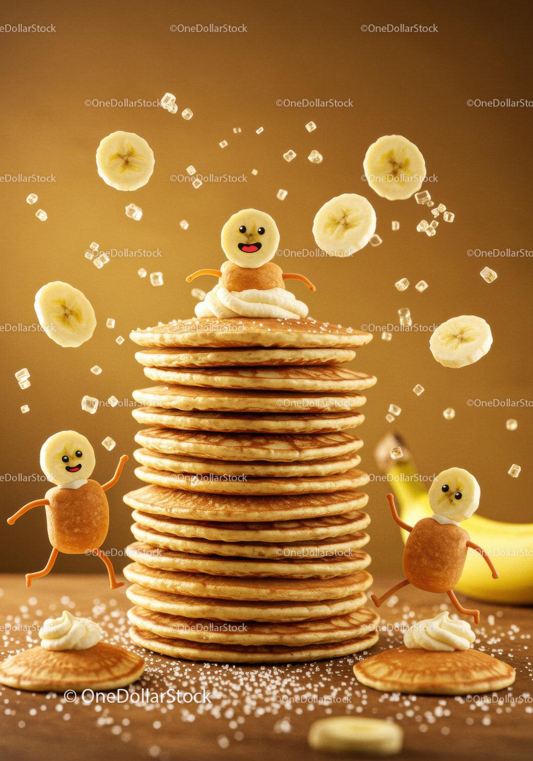 Playful banana characters dancing around pancake stack