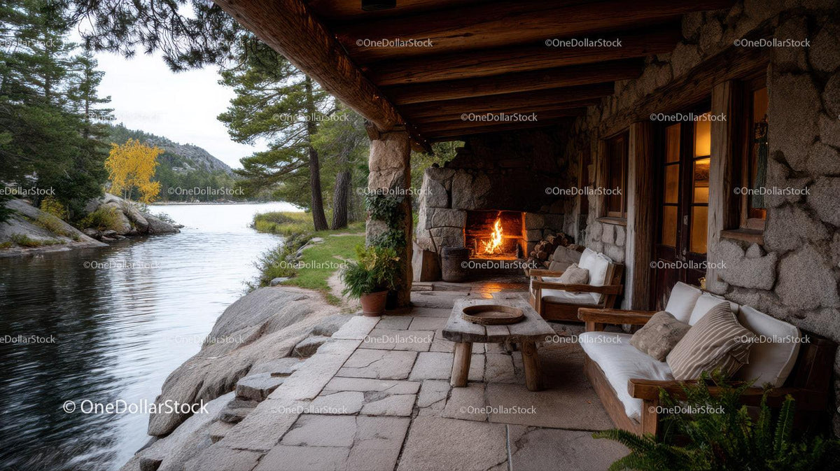 Cozy Riverside Cabin With Fireplace Overlooking Mountain Landscape Stock Photo Bundle preview 33