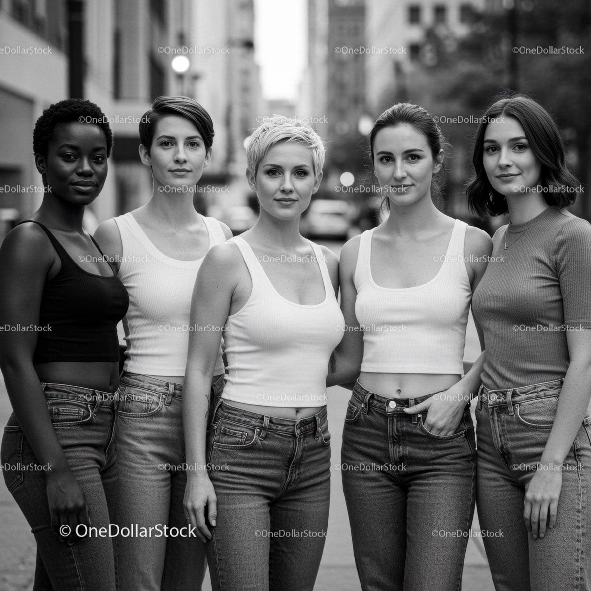 Diverse group of confident women standing in urban street