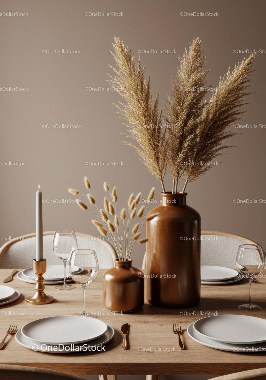 Elegant Dining Table with Pampas Grass and Modern Tableware
