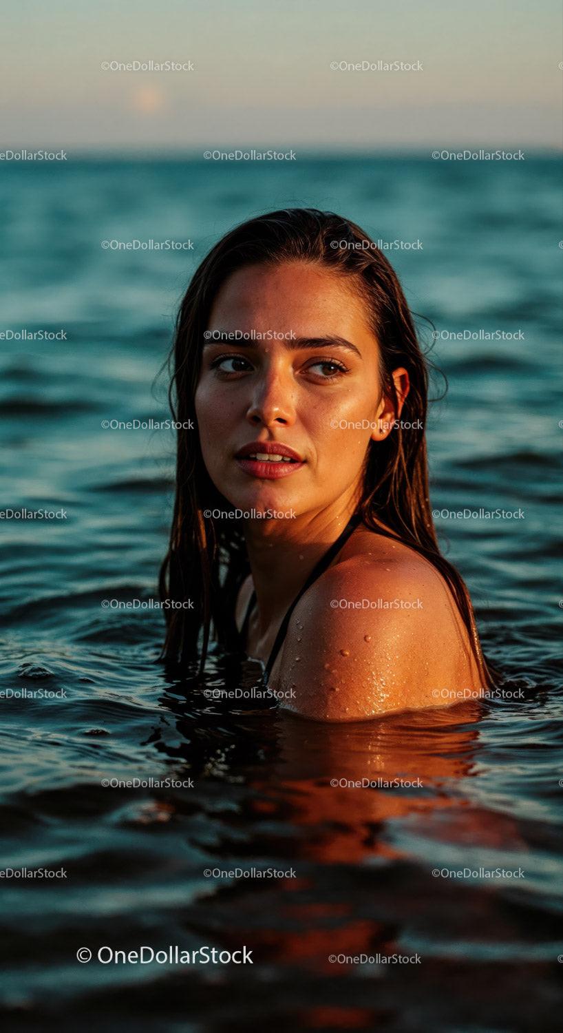 Woman Relaxing in the Ocean at Sunset with Warm Lighting Stock Photo Bundle preview 9
