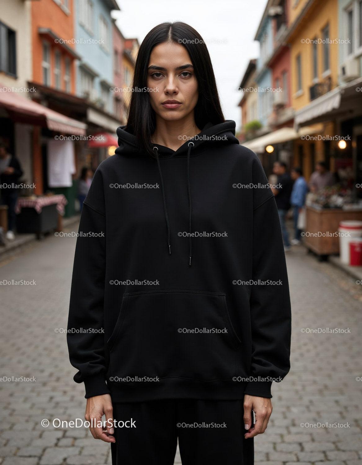 Fashionable Woman Wearing Black Hoodie in Urban City Street Stock Photo Bundle preview 39